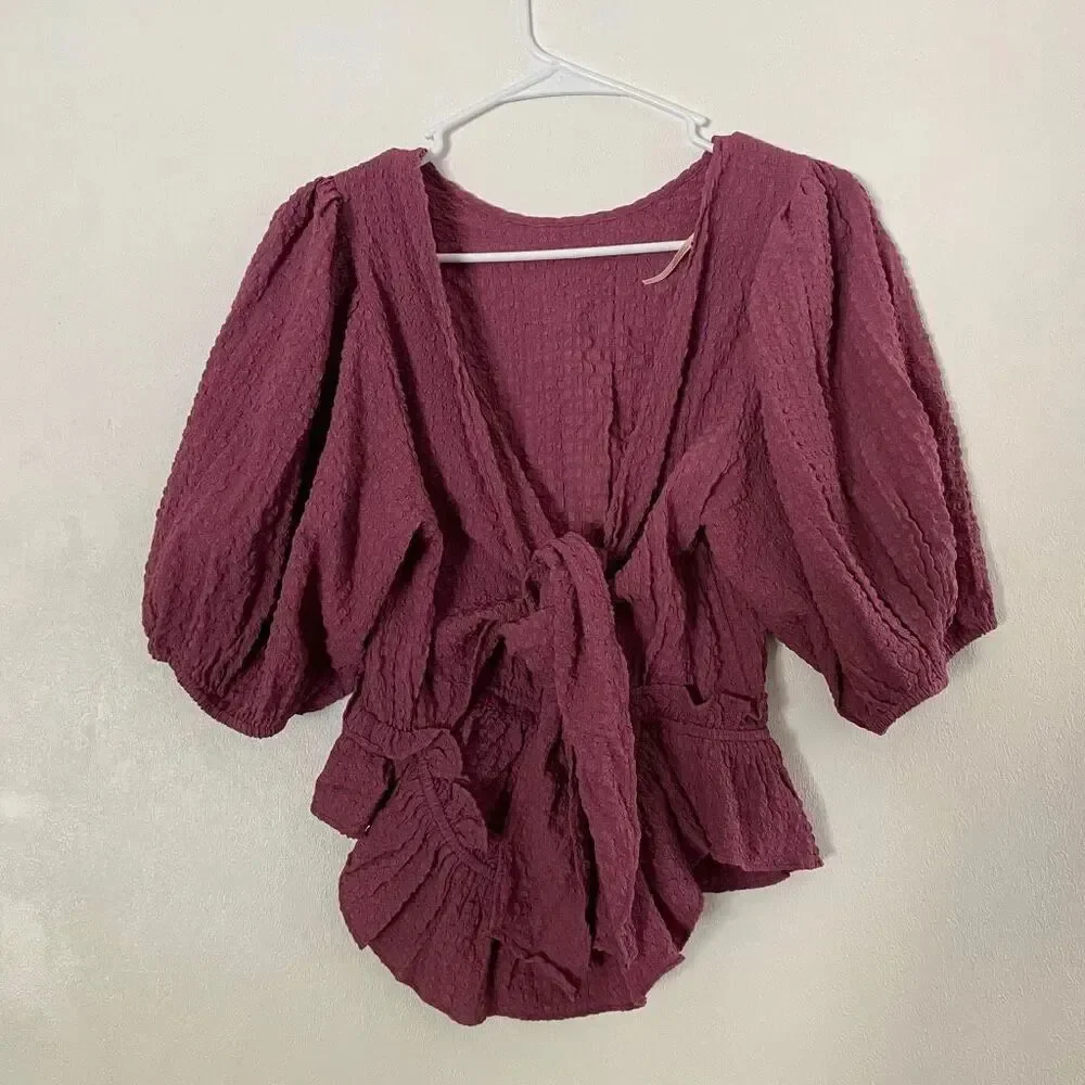 Free People Purple Textured Wrap Peplum Top L Puff Sleeve Boho Tie Front
